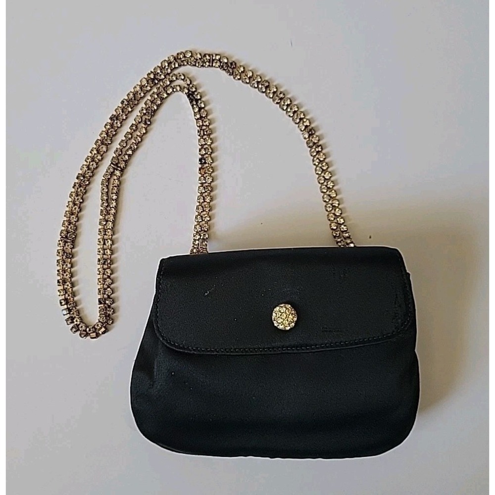 Arnold Scaasi Meyers Satin Mini Purse‎ Black Rhinestone Chain Strap Evening Glam